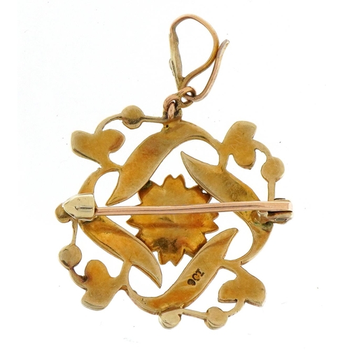 1083 - Art Nouveau 9ct gold seed pearl drop pendant brooch, 3.6cm high, 5.4g