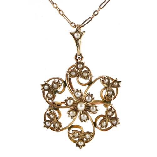 1068 - Art Nouveau 9ct gold seed pearl flower head drop pendant brooch on a 9ct rose gold fancy link neckla... 