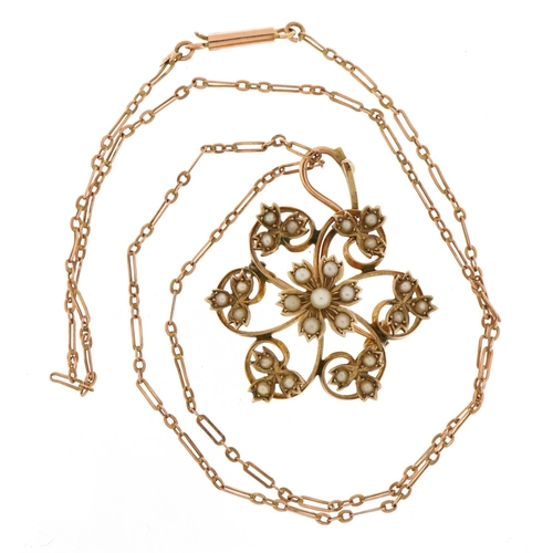 1068 - Art Nouveau 9ct gold seed pearl flower head drop pendant brooch on a 9ct rose gold fancy link neckla... 