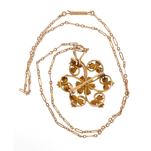 1068 - Art Nouveau 9ct gold seed pearl flower head drop pendant brooch on a 9ct rose gold fancy link neckla... 