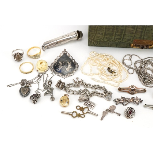 1623 - Antique and later jewellery and objects including a Georgian yellow metal, black enamel and seed pea... 