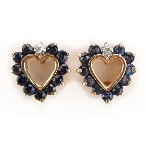 1281 - Pair of 9ct gold sapphire and diamond love heart stud earrings, 10mm high, 1.6g