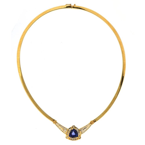 1052 - 14k gold tanzanite and diamond snake link necklace, the tanzanite approximately 10.5mm x 10.7mm x 8.... 