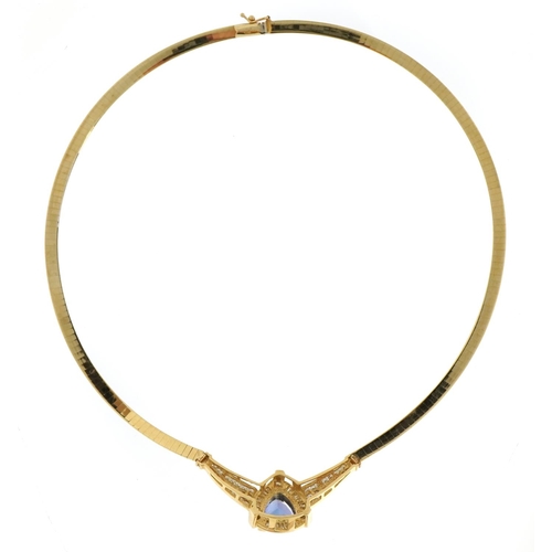 1052 - 14k gold tanzanite and diamond snake link necklace, the tanzanite approximately 10.5mm x 10.7mm x 8.... 