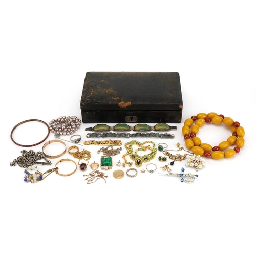 1613 - Victorian and later jewellery housed in an antique leather box including a pair of 9ct gold butterfl... 