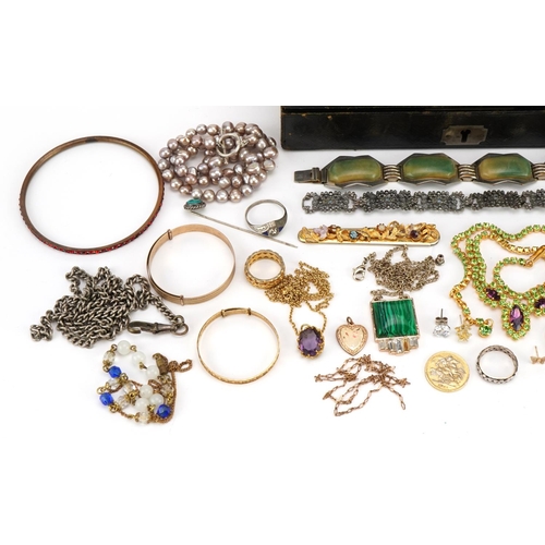 1613 - Victorian and later jewellery housed in an antique leather box including a pair of 9ct gold butterfl... 