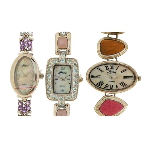 1587 - Three as new ladies Gems TV silver gem set and hardstone wristwatches, each with box