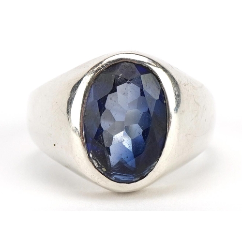 1280 - Silver sapphire signet ring, the sapphire approximately 12.7mm x 8.7mm, size T, 12.4g