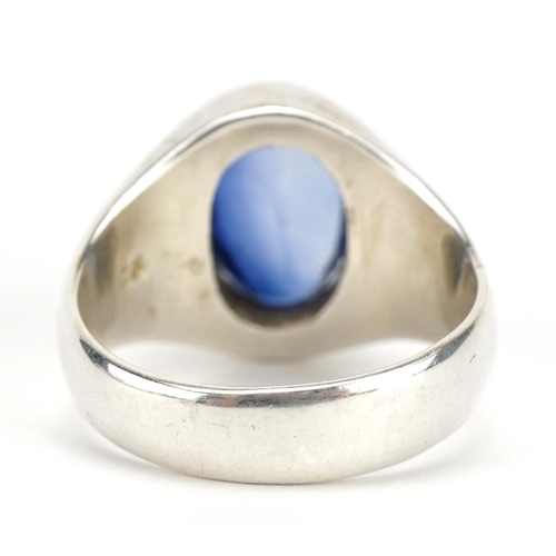 1280 - Silver sapphire signet ring, the sapphire approximately 12.7mm x 8.7mm, size T, 12.4g