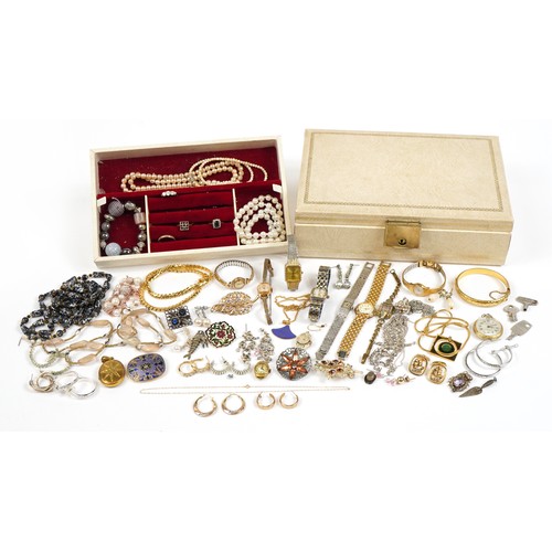 1626 - Vintage and later costume jewellery including 9ct gold hoop earrings, 9ct gold ladies wristwatch, ne... 