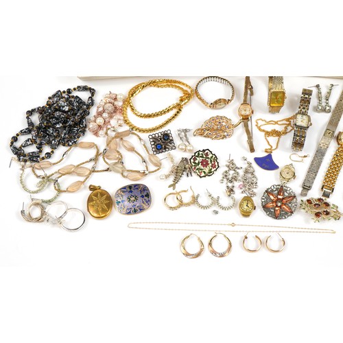 1626 - Vintage and later costume jewellery including 9ct gold hoop earrings, 9ct gold ladies wristwatch, ne... 