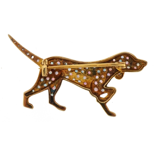 1055 - Unmarked gold Pointer dog brooch set with diamonds and cabochon opals, 4.5cm wide, 5.4g