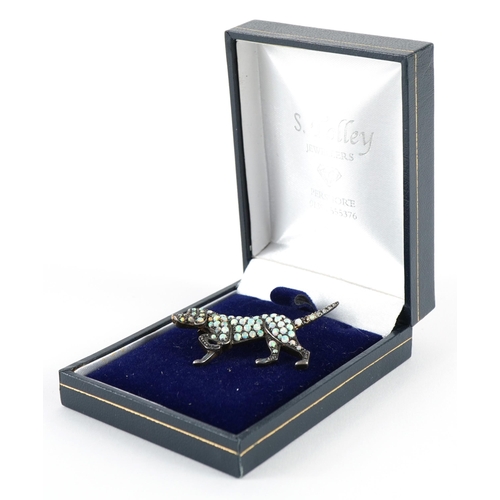 1055 - Unmarked gold Pointer dog brooch set with diamonds and cabochon opals, 4.5cm wide, 5.4g