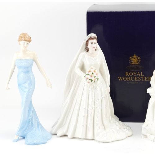 55 - Three collectable porcelain figurines comprising Royal Worcester Her Majesty Queen Elizabeth II Diam... 