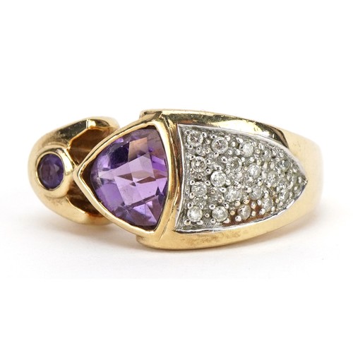 1028 - 9ct gold amethyst ring with diamond set shoulders, size T, 13.6g