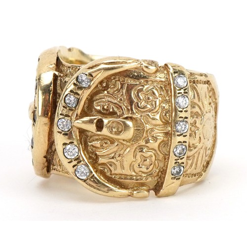 1018A - Heavy gentlemen's 9ct gold double buckle ring set with clear stones, size U, 25.0g