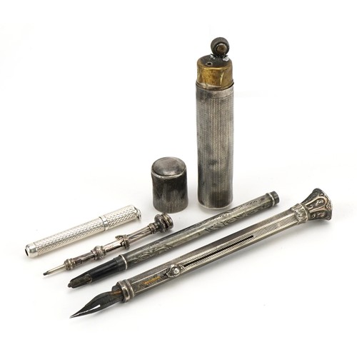 168 - Four antique and later silver propelling pens and pencils and a sterling silver cased pocket lighter... 