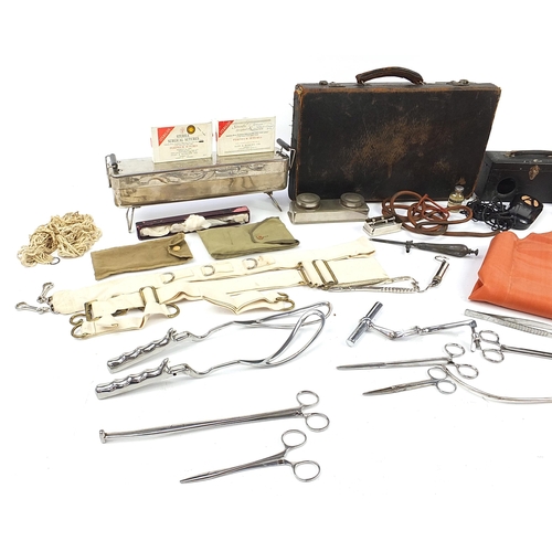 349A - Vintage doctor's case with contents including stainless steel surgical tools and an R H Dent Ardent ... 