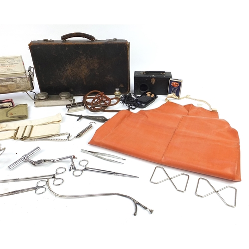 349A - Vintage doctor's case with contents including stainless steel surgical tools and an R H Dent Ardent ... 