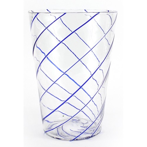 180 - Large clear and blue swirl glass vase, 30cm high