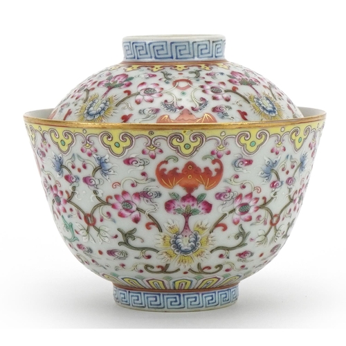 437 - Chinese porcelain rice bowl and cover hand painted in the famille rose palette with flowers amongst ... 