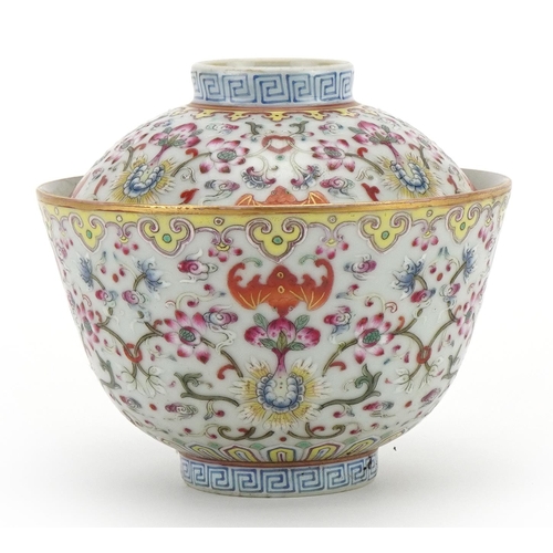 437 - Chinese porcelain rice bowl and cover hand painted in the famille rose palette with flowers amongst ... 