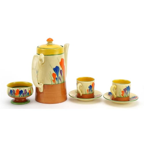 94 - Clarice Cliff, Art Deco Crocus pattern part coffee service comprising coffee pot, two coffee cans wi... 