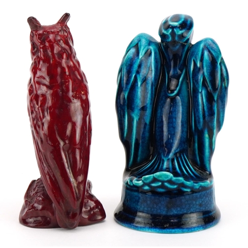 322 - Two Bernard Moore figures comprising a red glazed owl and a blue glazed bird, the largest 12.5cm hig... 