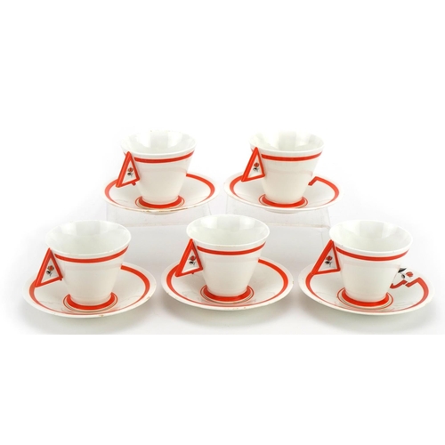 318 - Shelley, five Art Deco mode shaped cups and saucers, each cup 6.5cm high