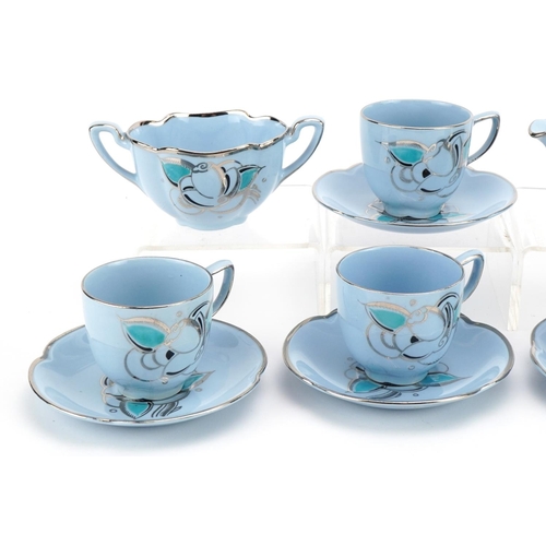 319 - Susie Cooper for Grays, Art Deco six place tea service decorated with stylised flowers, the largest ... 