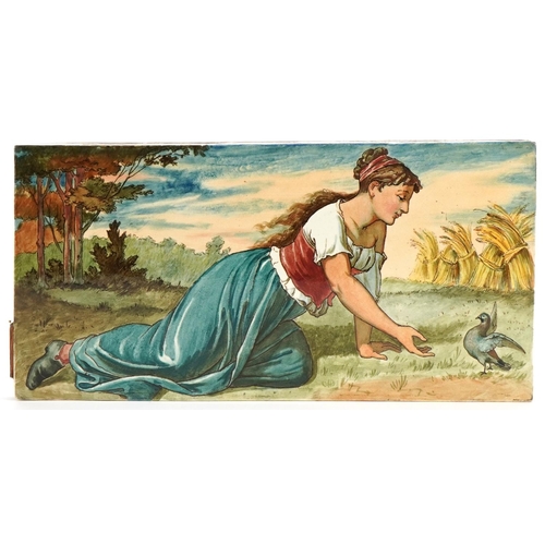 15 - Rectangular Wedgwood tile panel hand painted with a female and dove, impressed to the reverse, 31cm ... 