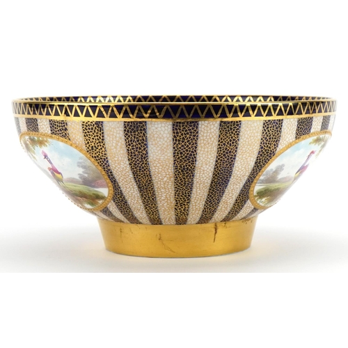 118 - Aynsley porcelain bowl finely hand painted with panels of landscapes onto a striped ground, 23cm in ... 