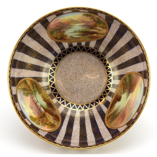 118 - Aynsley porcelain bowl finely hand painted with panels of landscapes onto a striped ground, 23cm in ... 