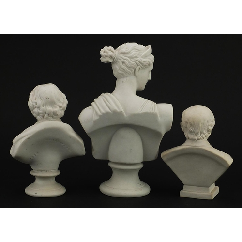 288 - Three parian ware busts comprising Shakespeare by James and Thomas Bevington, Wordsworth by W H Goss... 