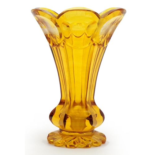 101 - Bohemian amber coloured glass vase etched with towns including Kurnal and Sonnenberg, 18cm high