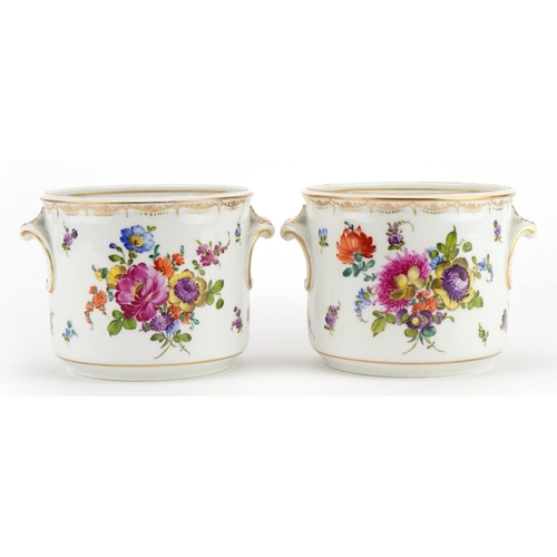 294 - Augustus Rex, pair of German porcelain cache pots with twin handles, each hand painted with flowers,... 