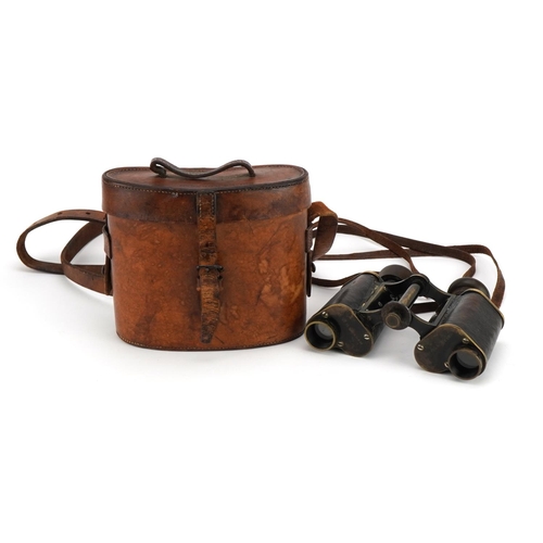 1792 - Pair of British military interest Carl Zeiss Jena brass binoculars with leather case, engraved Col.V... 