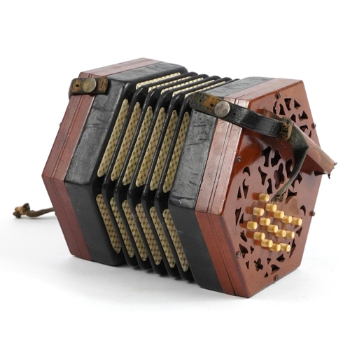 352 - Lachenal & Co mahogany cased thirty one button concertina with case, retailed by Douglas & Co, 7 Sou... 