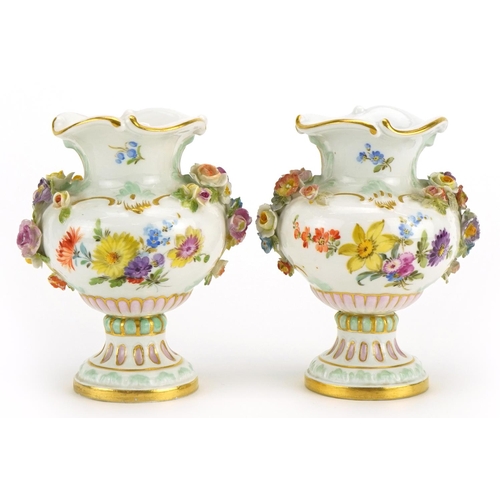 111 - Meissen, pair of German floral encrusted porcelain vases hand painted with flowers, blue crossed swo... 