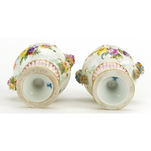 111 - Meissen, pair of German floral encrusted porcelain vases hand painted with flowers, blue crossed swo... 