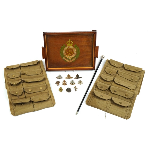 1789 - Militaria including a Royal Engineer's tray, cap badges and swagger stick with Royal Green Jackets p... 