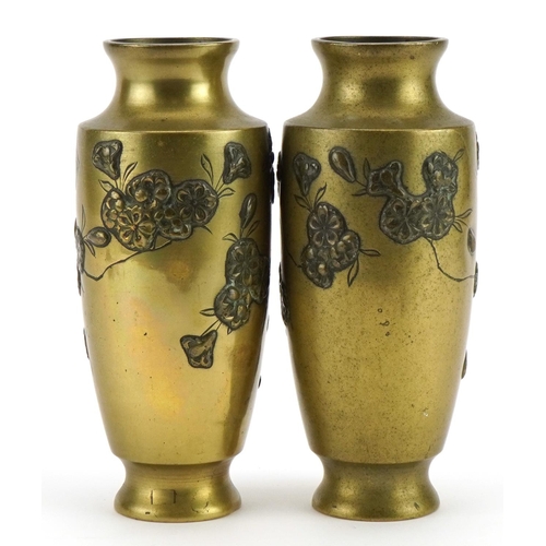 392A - Pair of Japanese bronze vases decorated in relief with birds and flowers, 15cm high