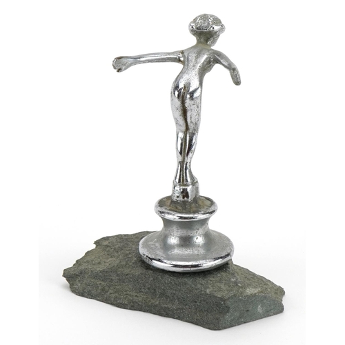 463 - Early 20th century chrome Speed Nymph car mascot raised on a green slate stand, overall 11cm high