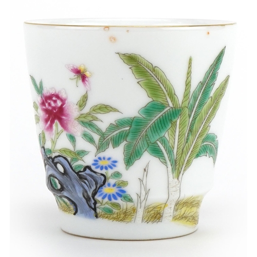 384 - Chinese porcelain teacup hand painted in the famille rose palette with a chicken amongst flowers, fo... 