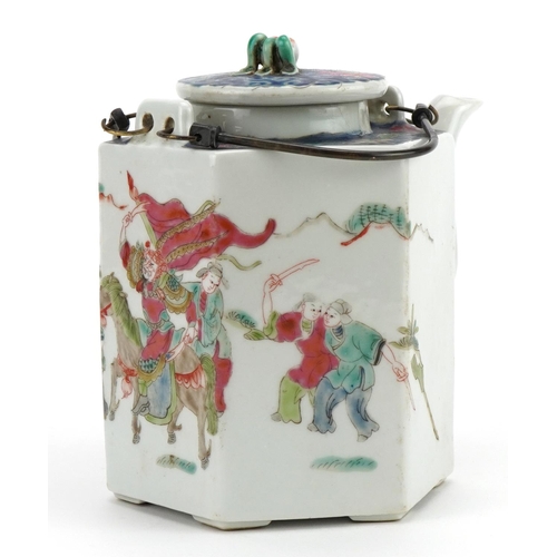 59 - Chinese porcelain hexagonal teapot hand painted with warriors, four figure iron red character marks ... 