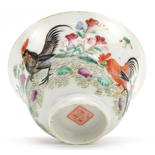 267 - Chinese porcelain bowl hand painted in the famille rose palette with cockerels and flowers, characte... 