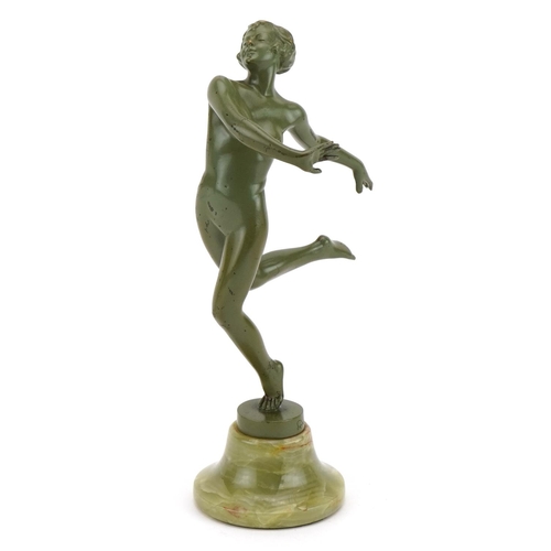 8 - Joseph Lorenzl, Austrian Art Deco verdigris bronze figure of a nude dancer raised on a circular onyx... 