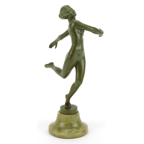 8 - Joseph Lorenzl, Austrian Art Deco verdigris bronze figure of a nude dancer raised on a circular onyx... 