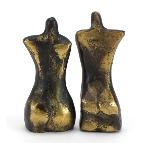 363 - Pair of mid century Modernist male and female bronze torsos, each impressed Arturo to the reverse, e... 