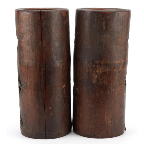 199 - Pair of large Chinese bamboo brush pots carved with figures and pagodas, 31cm high